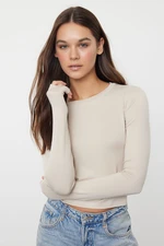 Trendyol Stone Premium Viscose Crew Neck Crop Stretchy Knitted Blouse