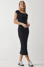 Happiness İstanbul Women's Black Crew Neck Ribbed Knitted Modal Dress