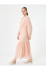 Koton Ruffle Chiffon Long Dress Balloon Sleeve Crew Neck