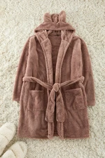 Trendyol Brown Belted Hood, Ear and Pocket Detailed Wellsoft Winter Knitted Dressing Gown