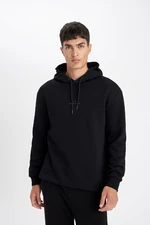 DEFACTO Black Relax Fit Hooded Printed Sweatshirt