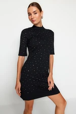 Trendyol Black Stone Detailed Skater/Short Sleeve Mini Knitted Pencil Dress