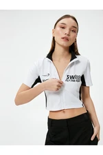 Koton Zippered Crop T-Shirt Stand Collar Short Sleeve Color Blocked