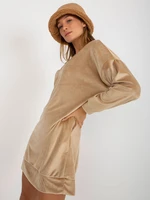 Beige loose velour dress with neckline