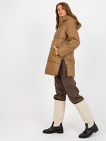 Camel winter jacket made of eco-leather with stitching