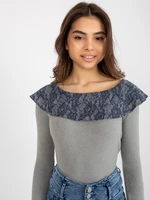 Grey and navy blue blouse with lace boat neckline