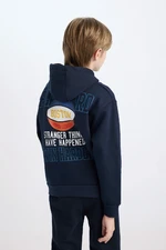 DEFACTO Boy Navy Blue Hooded Back Printed Thick Sweatshirt