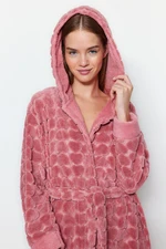 Trendyol Pink Belted Heart Patterned Fleece Winter Knitted Dressing Gown