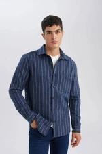 DEFACTO Men's Navy Blue Regular Fit Regular Cut Polo Collar Striped Lumberjack Long Sleeve Shirt