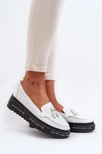 Women's leather loafers on a platform, white Assetnima