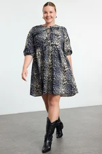 Trendyol Curve Multicolored Bow 100% Cotton Leopard Print A-Line Woven Plus Size Dress