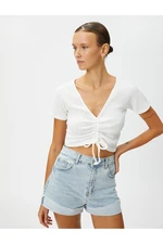 Koton Crop T-Shirt Gathered V Neck