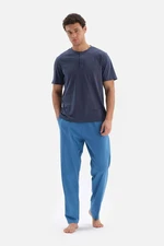 Dagi Navy Blue Half-Pleat Short Sleeved Cotton Modal Pajamas Set