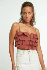 Trendyol Brown Crop Woven Ruffled 100% Cotton Blouse