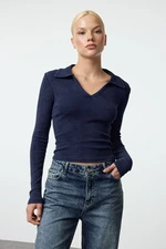 Trendyol Navy Blue Aged/Faded Effect Body-Smoothing Polo Collar Ribbed Flexible Knitted Blouse