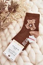 Youth warm socks with teddy bear, brown