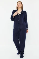 Trendyol Curve Navy Blue Shirt Collar Piping Fleece Knitted Pajamas Set