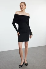 Trendyol Black Fitted Carmen Neckline Long Sleeve Stretchy Mini Knitted Dress