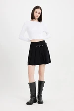 DEFACTO High Waist Basic Plain Belted Pleated Black Mini Skirt