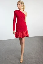 Trendyol Red Single Sleeve Balloon Skirt Detailed Woven Short Elegant Evening Dress