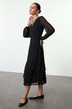 Trendyol Black Ruffled Chiffon Midi Woven Dress