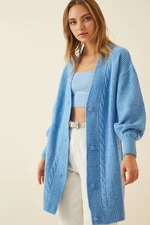 Happiness İstanbul Women's Vibrant Blue Balloon Sleeves Oversized Knitwear Cardigan