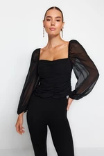 Trendyol Black Gathered and Sleeve Detail Woven Blouse