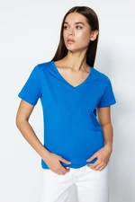 Trendyol Saks 100% Cotton Basic V-Neck Knitted T-Shirt