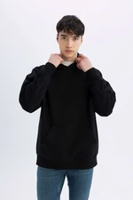 DEFACTO Black Oversize Wide Pattern Hooded Kangaroo Pocket Basic Plain Sweatshirt