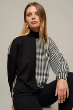 Cool & Sexy Women's Black-White Half Turtle Houndstooth Pattern Blouse