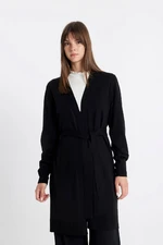 DEFACTO Regular Fit Basic Plain Belted Long Knitted Black Cardigan