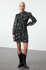 Trendyol Multicolored Patterned Stand Collar A-Line Draped Chiffon Lined Mini Woven Winter Dress