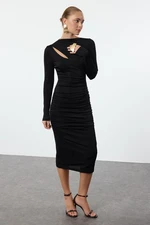 Trendyol Black Straight Cutout and Ruffle/Drape Detailed Bodycone/Fitting Knitted Dress