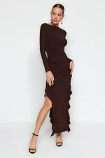 Trendyol Brown Skirt Flounced Boat Rock Maxi Stretchy Knitted Dress