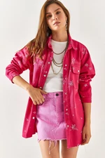 Olalook Women's Fuchsia Embroidered Oversized Cotton Shirt Jacket with Pocket