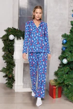 Trendyol Blue 100% Cotton Christmas Themed Knitted Pajama Set