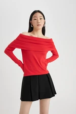 DEFACTO Fitted Open Shoulder Basic Plain Knitwear Red Sweater