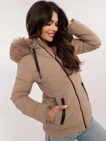 Beige quilted transitional jacket with fur