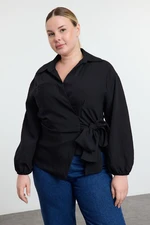 Trendyol Curve Black Textured Double Breasted Tied Shirt Collar Woven Plus Size Blouse