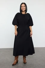 Trendyol Curve Black Textured Balloon Sleeve Midi Woven Plus Size Dress