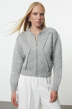 Trendyol Gray Soft Textured Zippered Stone Embroidered Jacket-Look Knitwear Cardigan