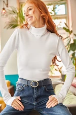 Olalook Women's White Turtleneck Finger Detailed Lycra Crop Blouse