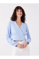 LC Waikiki Double Breasted Neck Plain Long Sleeve Crop Women's Blouse