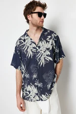 Trendyol Navy Blue Oversize Leaf Printed 100% Viscose Short Sleeve Loose Summer Shirt