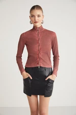 GRIMELANGE Effie Women's High Collar Body-hugging Washing Effect Long Sleeve Zippered Brick Color Blouse