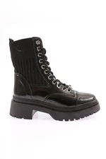 DGN K9060 Women's Knitwear Detailed Lace Up Boots Black Wrinkled Patent Leather