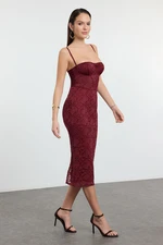 Trendyol Dark Burgundy Body-Smoothing Lined Lace Knit Dress