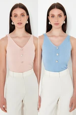 Trendyol Powder-Light Blue Double Pack V-Neck Top Knitwear Thin Blouse