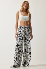 Happiness İstanbul Women's White Patterned Flowy Viscose Palazzo Trousers