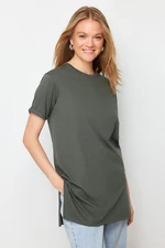 Trendyol Black-Khaki 2-Pack Slit Detailed Crew Neck Short Sleeve Basic Knitted T-Shirt